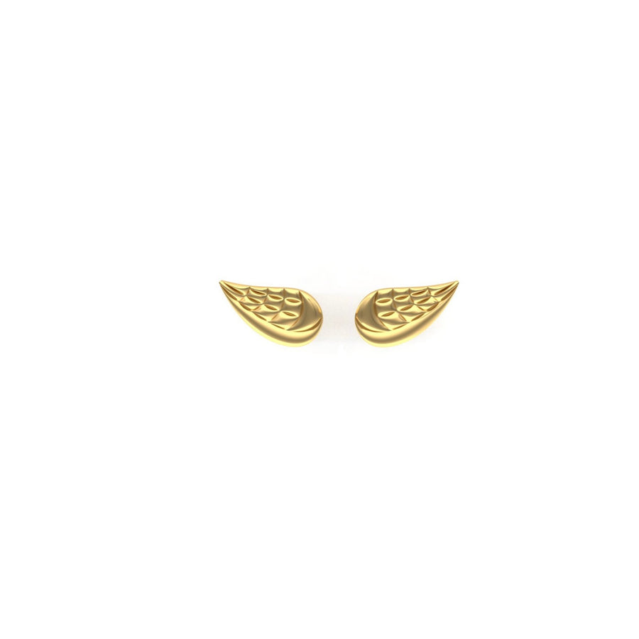 pair of yellow gold stud earrings in the shape of a wing, with a feather texture.